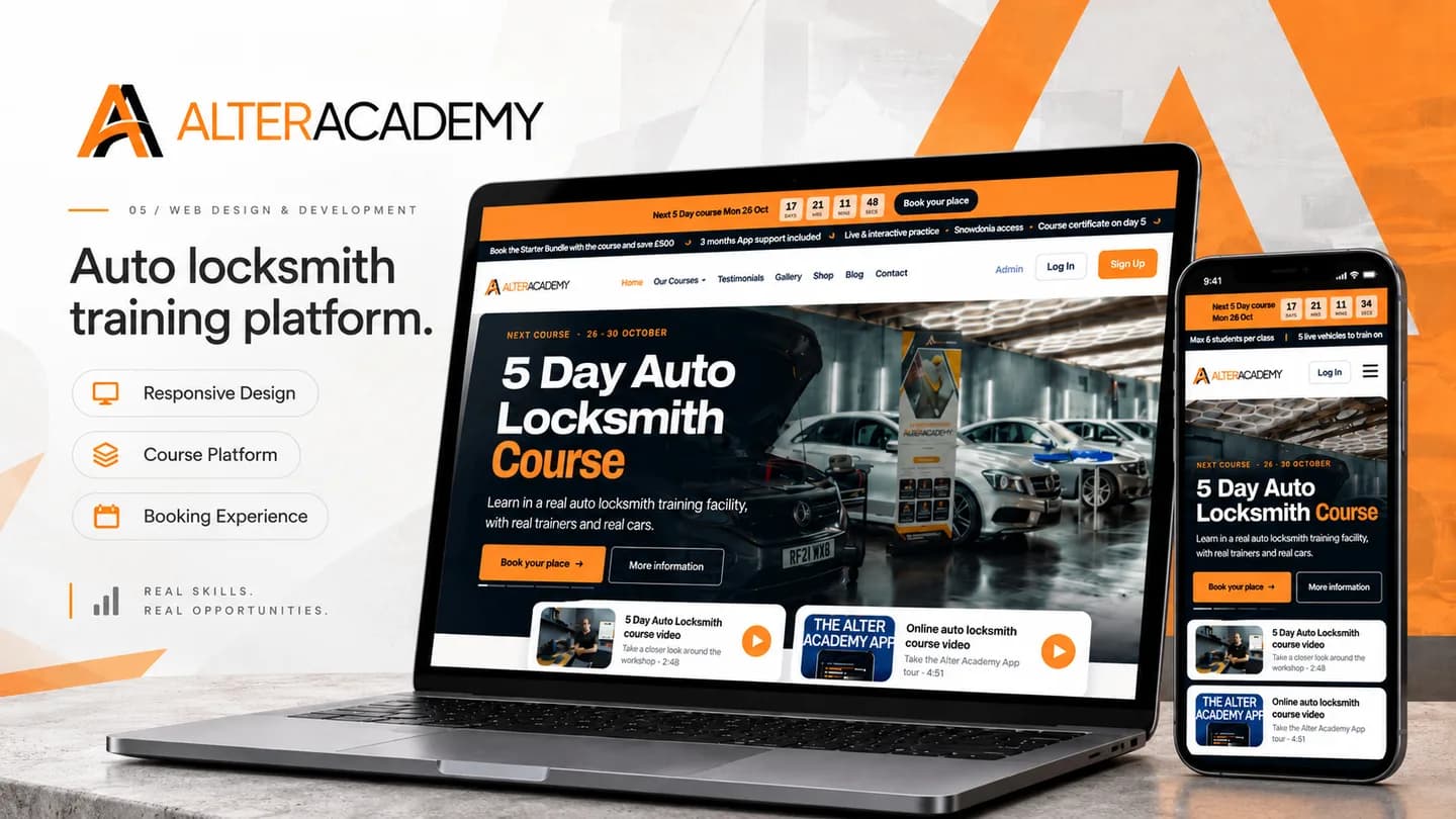 Alter Academy auto locksmith training website shown on laptop and mobile.