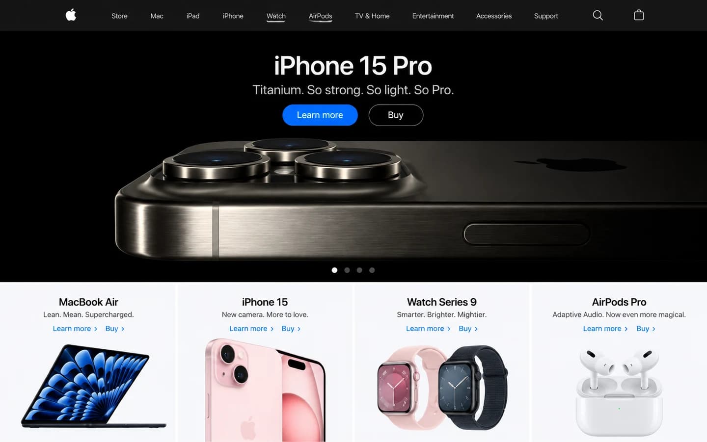 The Apple store clone homepage with its product navigation and iPhone hero.