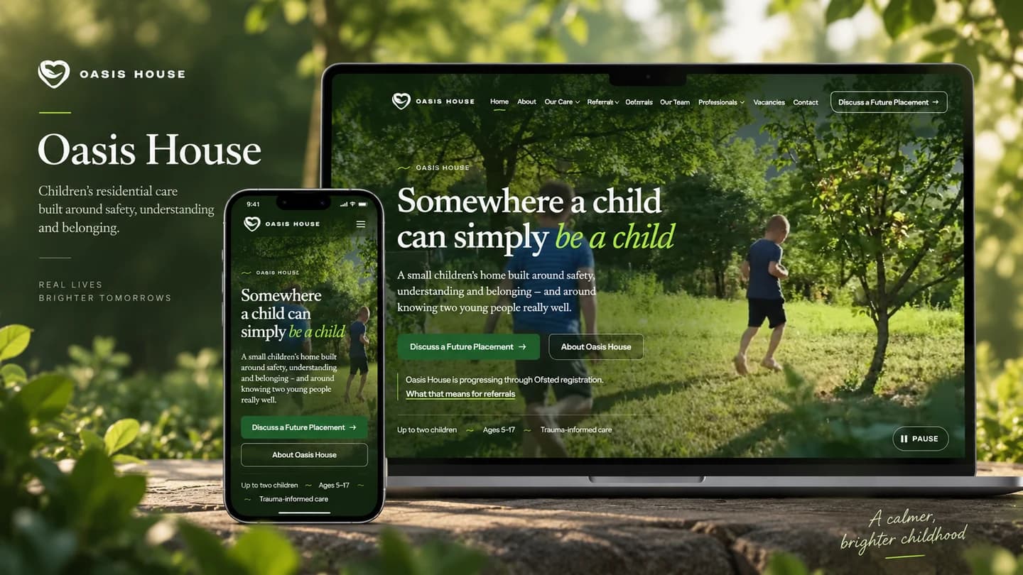Oasis House project cover showing the children's residential care website on desktop and mobile.