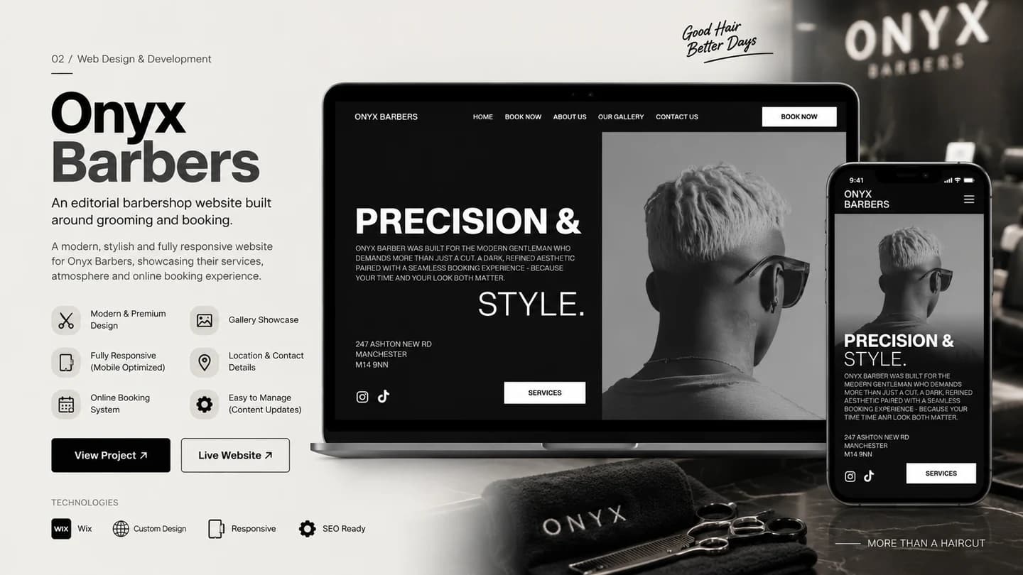 Onyx Barbers project cover showing the website on desktop and mobile.